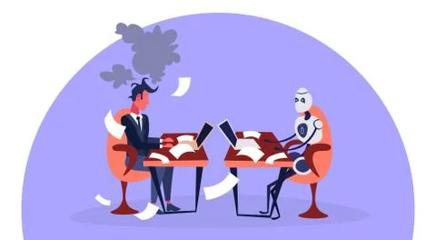 Robot vs human modern robotic machine man working at computer technology and Stock Illustration