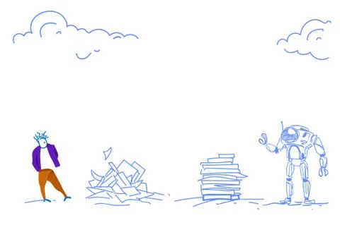 Robot vs human modern robotic machine man working paper document stack Stock Illustration