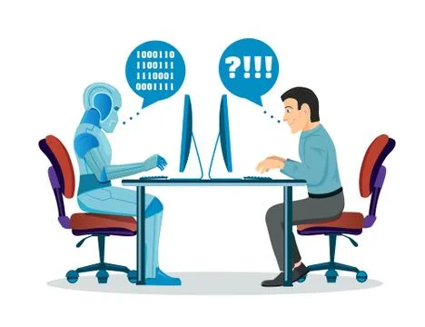 Robot Vs Human. Robotic Machine And Man Working At Computer Stock Illustration