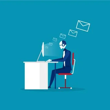 Robot vs man. Human humanoid robot work with many paper menagment. Stock Illustration