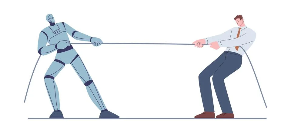 Robot vs person competition. Machine doing challenge to person, career battle Stock Illustration