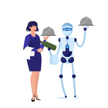Robot waiter and waitress work together hold food. Stock Illustration