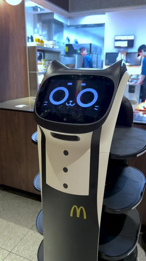 Robot waiter with cat face on screen in McDonald's Video stock 304688157