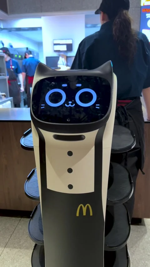 Robot waiter with cat face on screen and logo McDonald's Stock Footage 306263058
