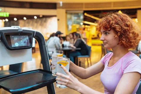 Robot waiter delivered drinks to the table Fotos de archivo