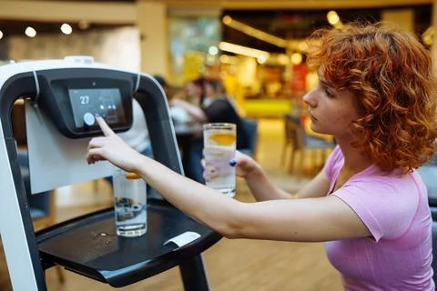 Robot waiter delivered drinks to the table Fotos Stock