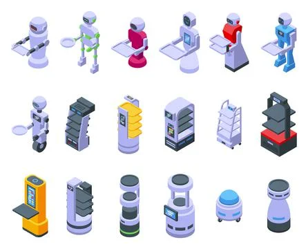 Robot waiter icons set isometric vector. Domestic waiter Stock Illustration