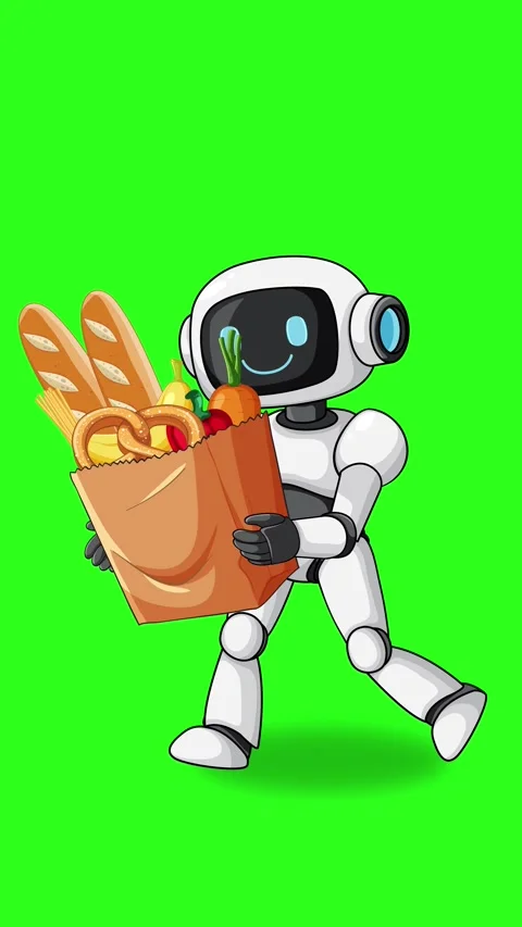 Robot Walking with Grocery Bag on Green Background Stock Footage 339528271
