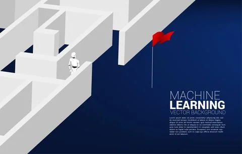 Robot walking out to exit to red flag. A.I concept for problem solving and fi Illustrazione stock