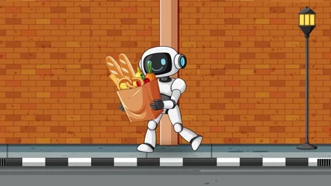 Robot Walking on Sidewalk Carrying Grocery Bag in Urban Setting Stock Footage 321121860