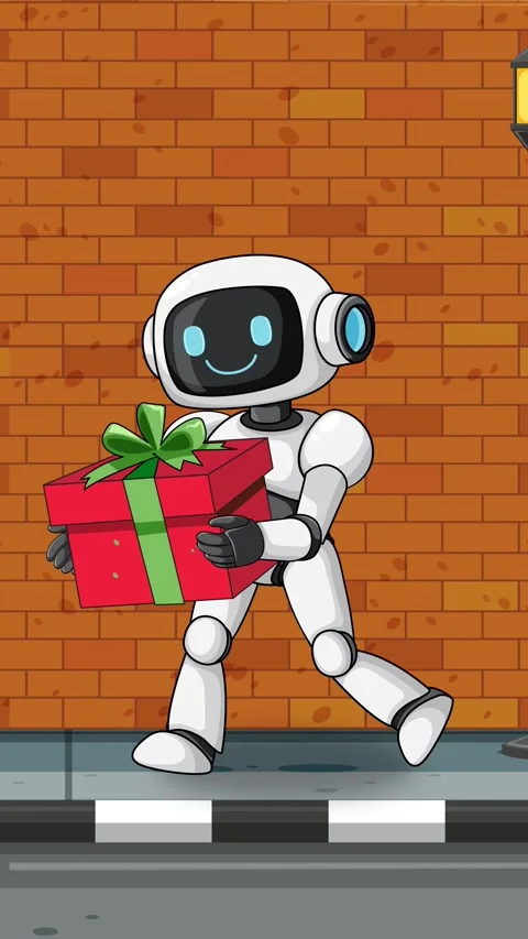 Robot Walking on Sidewalk Holding Gift Box Animation Stock Footage 321121976