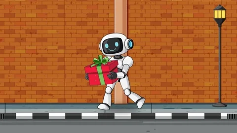 Robot Walking on Sidewalk Holding Gift Box Animation Stock Footage 324935858