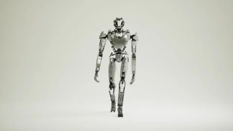 Robot walking in the studio on a white background, 3d render looping cycling Video stock 261015500