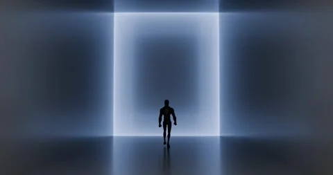 A robot is walking through a large, empty hallway Stock Footage 320454136