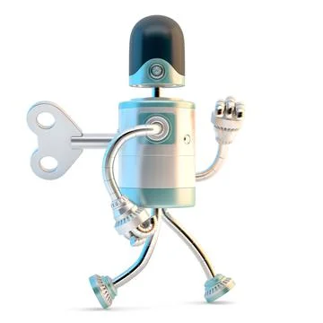 Robot walking with wind up key in his back. 3D illustration. Isolated Stock Illustration