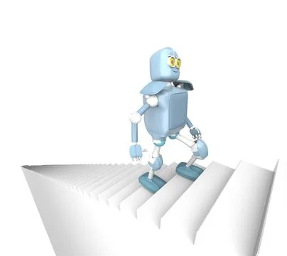 Robot walks on the stair, on the white bacground,3d render. Stock Illustration