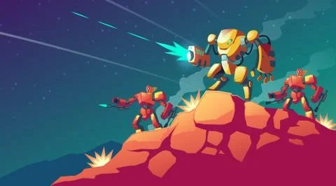Robot war on alien planet, Mars Stock Illustration