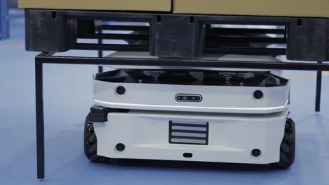 Robot Warehouse Assistant Moving Goods Under a Pallet Stock Footage 313177604