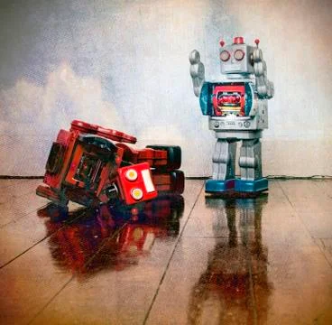 Robot wars red robot defeated Stock Photos