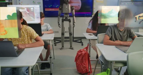 Robot Watches Kids Learning With Augmented Reality Stock Footage 319062466
