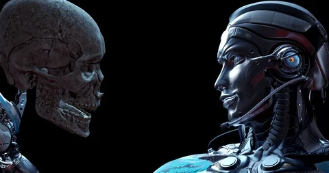 Robot watching on human skull rendered on alpha channel Stock Footage 122592521