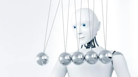 Robot watching Newton's cradle, 3D Rendering Ilustración de archivo