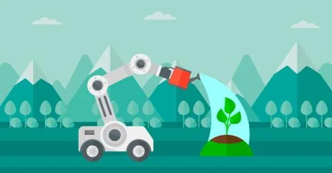 Robot watering tree outdoor. Illustrazione stock