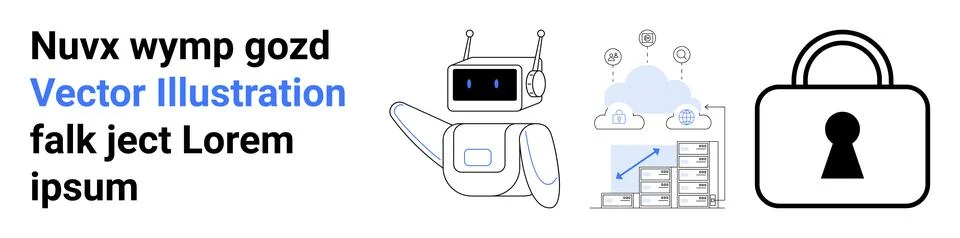 Robot waving, bar graph chart, cloud with fog, padlock with keyhole icon. Ide Illustrazione stock