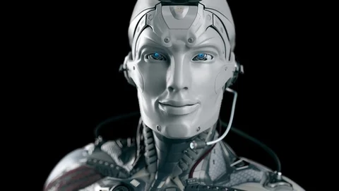 Robot wearing headset microphone Online Support Artificial Intelligence conce Video stock 104933143