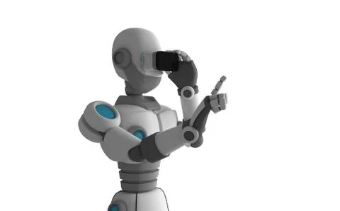 Robot wearing virtual reality glasses on white background. Artificial intelli Illustrazione stock