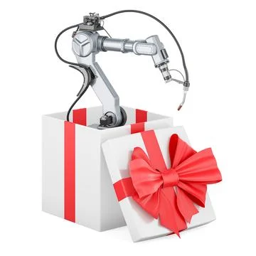 Robot welding inside gift box, present concept. 3D rendering Ilustração Stock