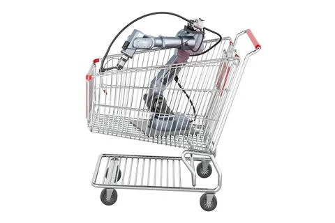Robot welding inside shopping cart, 3D rendering Ilustración de archivo
