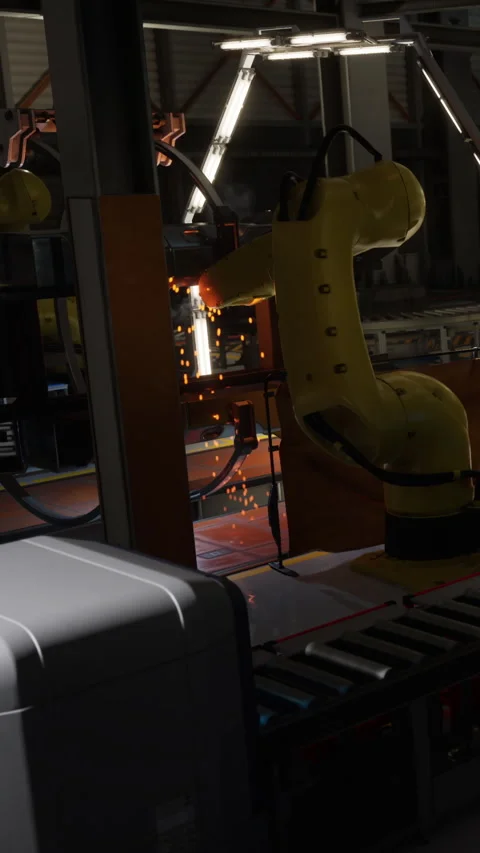 Robot welding sparks in a factory during a production process Stock Footage 337900285