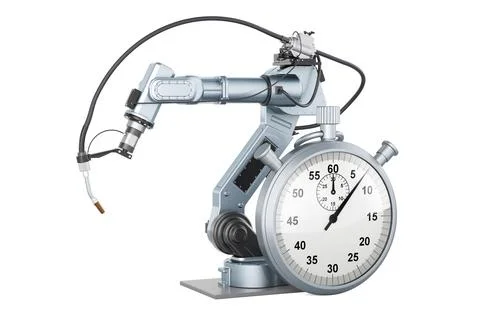 Robot welding with stopwatch, 3D rendering Stock Illustration
