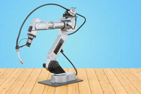 Robot welding on the wooden table, 3D rendering 스톡 일러스트