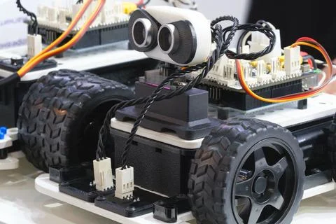 Robot on wheels with eyes. Foto stock