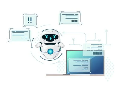 Robot on white. Chatbot icon. Bot say hi on screen. Customer support service Stock Illustration
