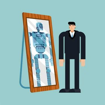 Robot will replace human. Robot is reflected in mirror of man. Concept of rep Stock Illustration