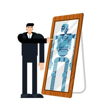 Robot will replace human. Robot is reflected in mirror of man. Concept of rep Stock Illustration