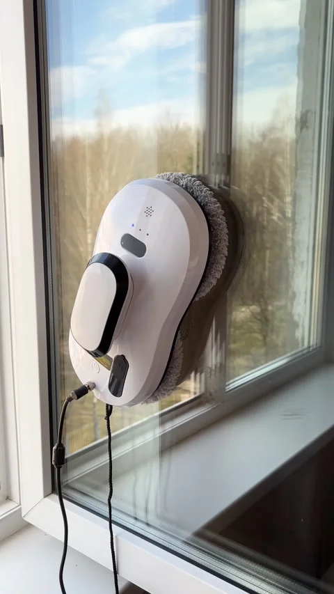 A robot window cleaner washes a window. Stock Footage 306926819