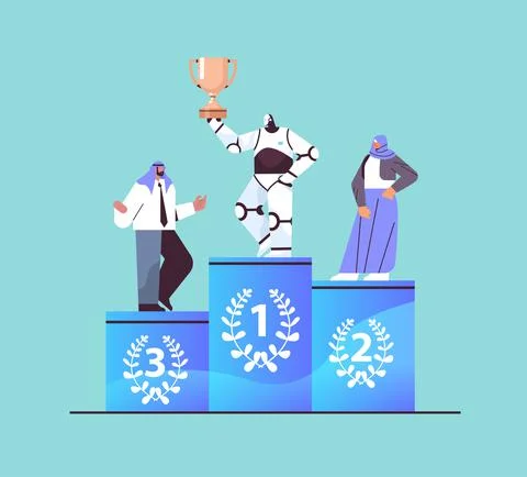 Robot winner getting first place and trophy on pedestal arab businesspeople Illustrazione stock