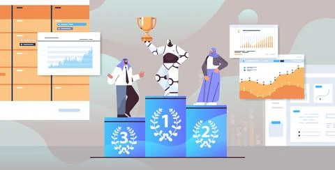 Robot winner getting first place and trophy on pedestal arab businesspeople Stock Illustration