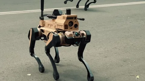 Robot wolf walks during a parade 6 Stock Footage 336291676