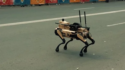 Robot wolf walks during a parade 10 Stock Footage 336291682