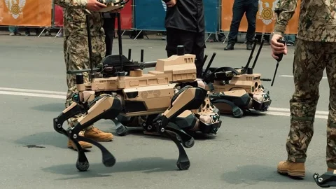 Robot wolf walks during a parade 15  Stock Footage 336291727