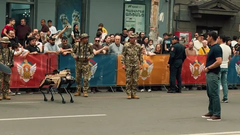 Robot wolf walks during a parade 13 (Editorial) Stock Footage 336291740