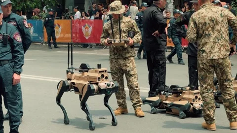 Robot wolf walks during a parade 4 (Editorial) Stock Footage 336298563
