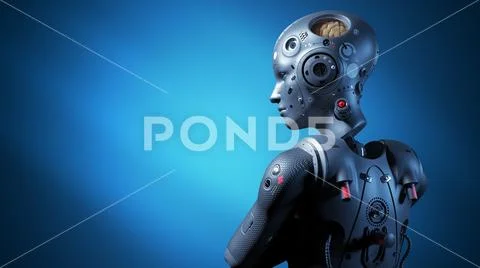 Robot woman, sci-fi woman digital world of the future of neural networks and Stock Illustration