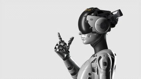Robot woman in side view, robot makes a gesture to come closer. has an alpha  Stock-Footage 249481987