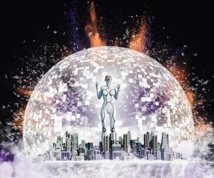 Robot woman standing in exploding city in sphere Stock Photos